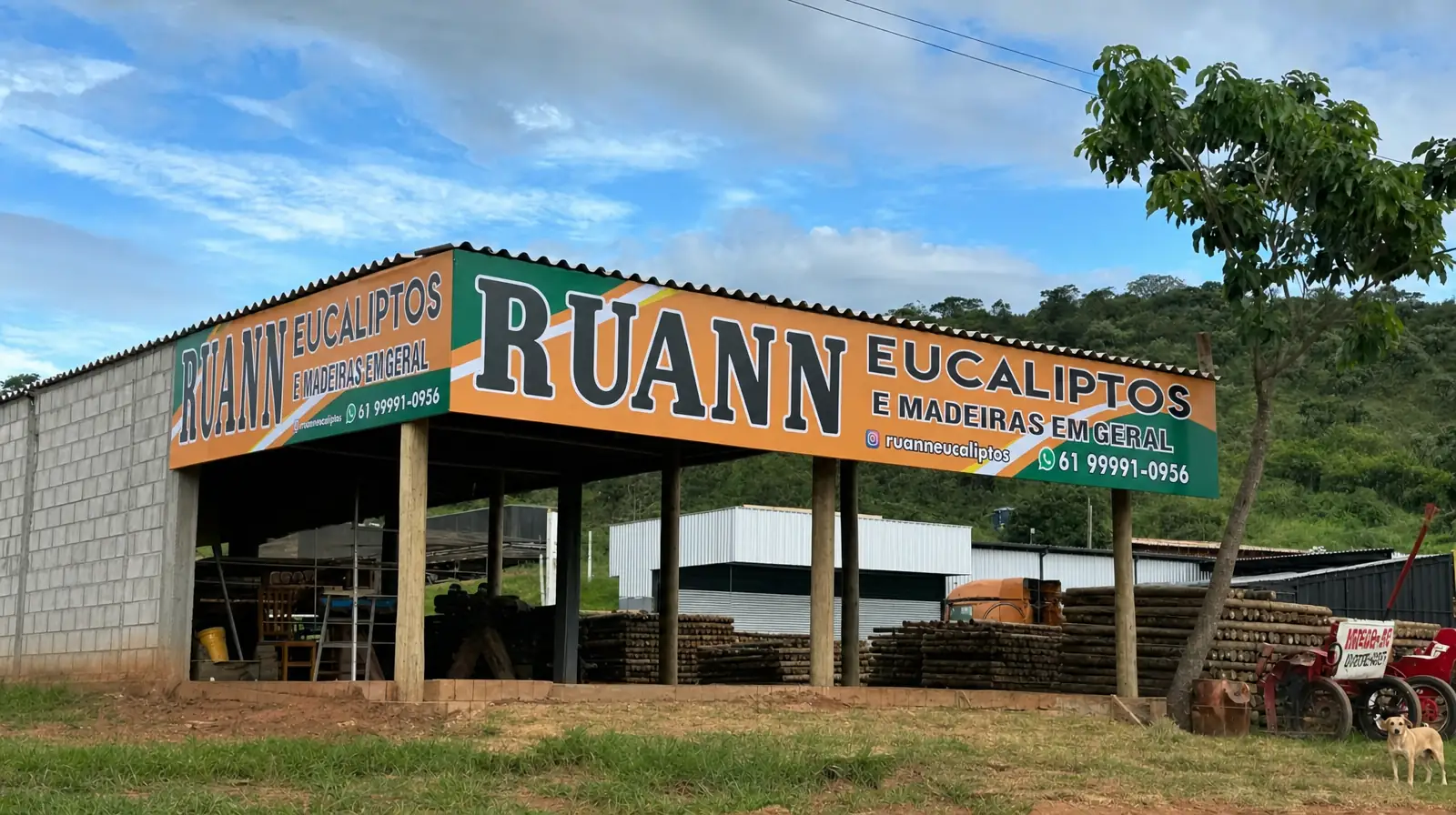 Fachada da Ruann Eucaliptos em São Sebastião — DF, com estoque de mourões tratados