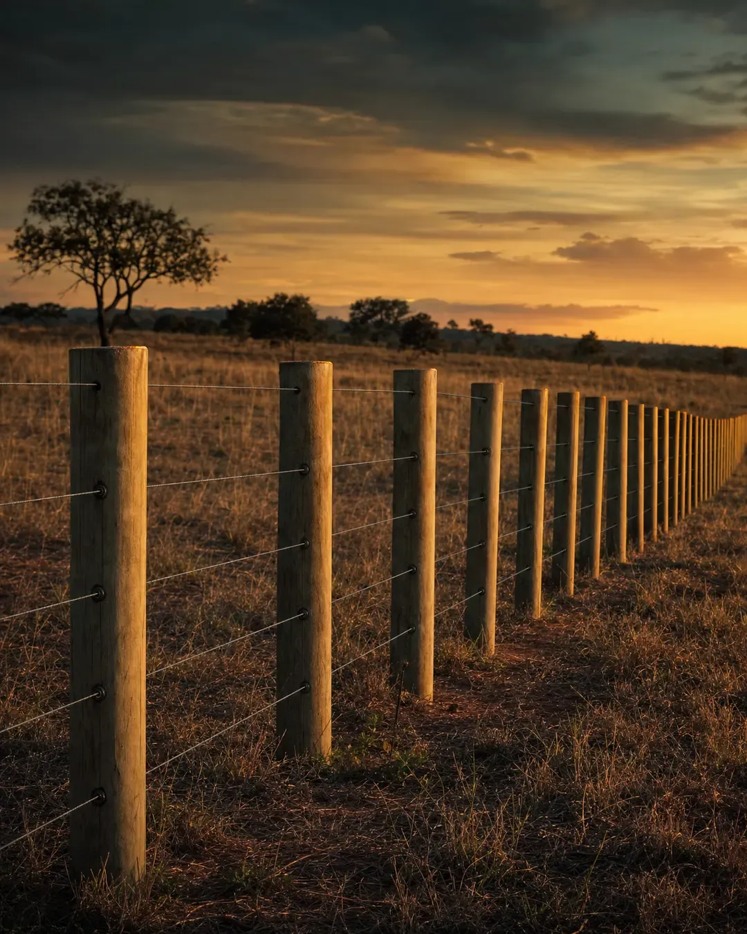 Cerca de mourões de eucalipto tratado atravessando pasto do cerrado ao entardecer